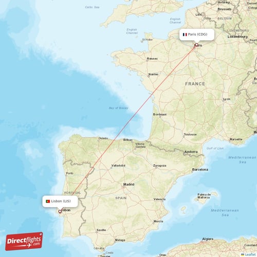 Paris - Lisbon direct flight map