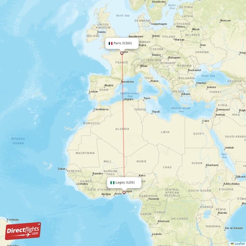 Paris - Lagos direct flight map