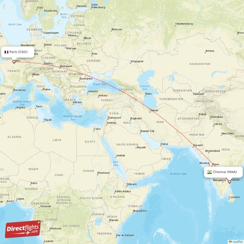 Paris - Chennai direct flight map