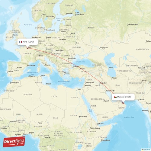 Paris - Muscat direct flight map