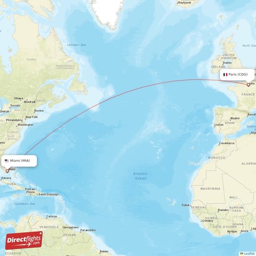 Paris - Miami direct flight map