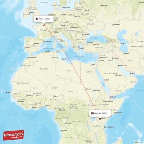Paris - Nairobi direct flight map