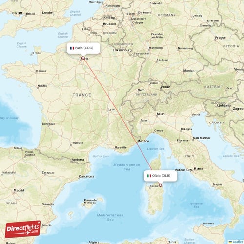 Paris - Olbia direct flight map