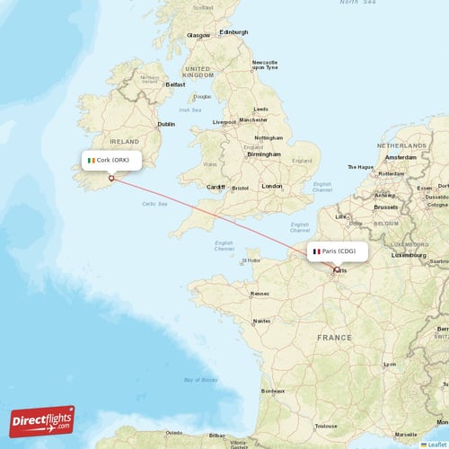 Paris - Cork direct flight map