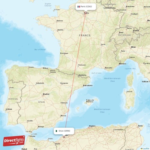 Paris - Oran direct flight map