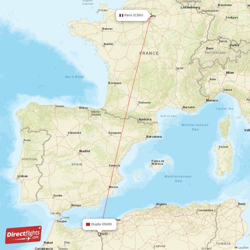 Paris - Oujda direct flight map