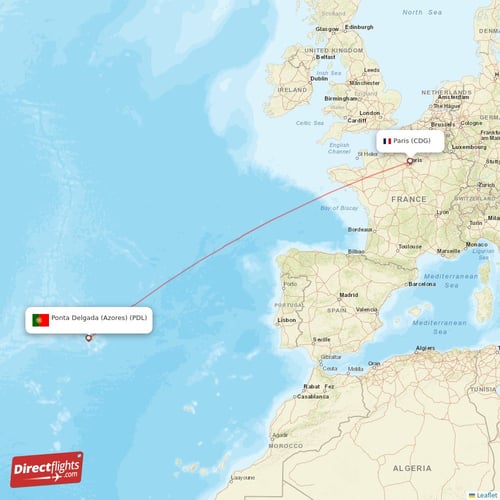 Paris - Ponta Delgada (Azores) direct flight map