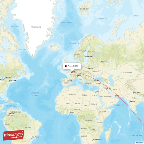 Paris - Perth direct flight map