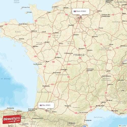 Paris - Pau direct flight map