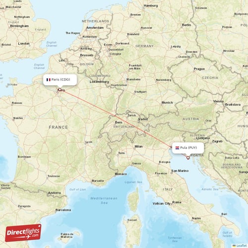 Paris - Pula direct flight map