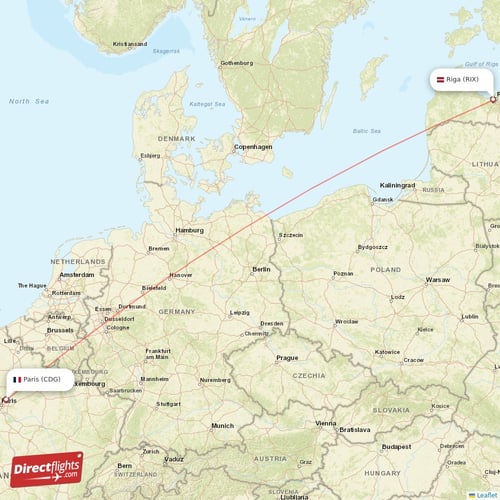 Paris - Riga direct flight map
