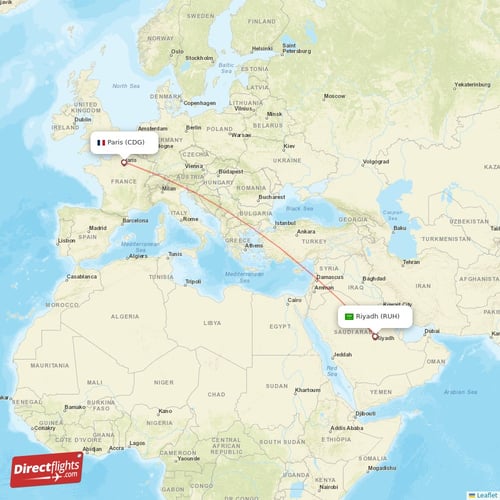 Paris - Riyadh direct flight map