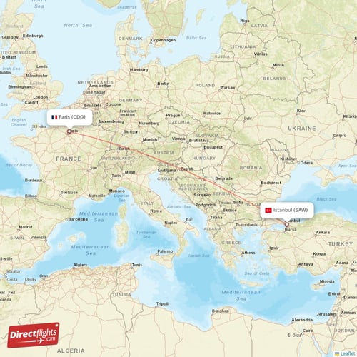 Paris - Istanbul direct flight map