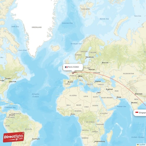 Paris - Singapore direct flight map
