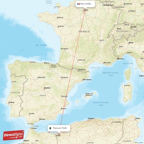 Paris - Tlemcen direct flight map