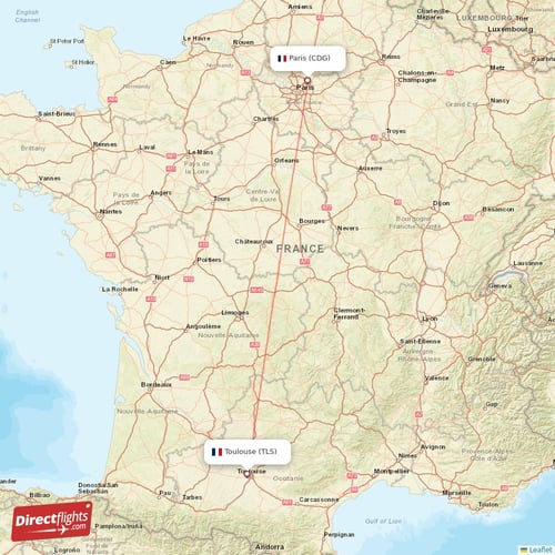 Paris - Toulouse direct flight map