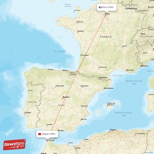 Paris - Tangier direct flight map