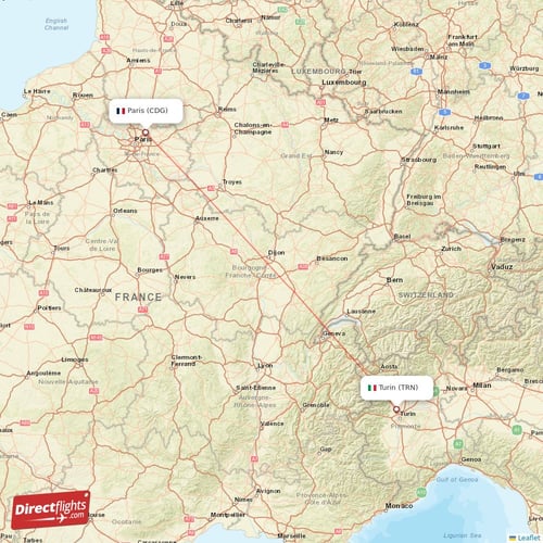 Paris - Turin direct flight map