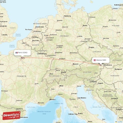 Paris - Vienna direct flight map