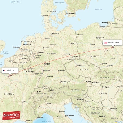 Paris - Warsaw direct flight map