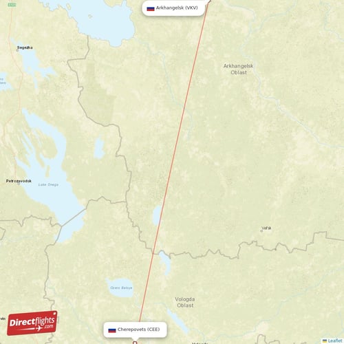Cherepovets - Arkhangelsk direct flight map