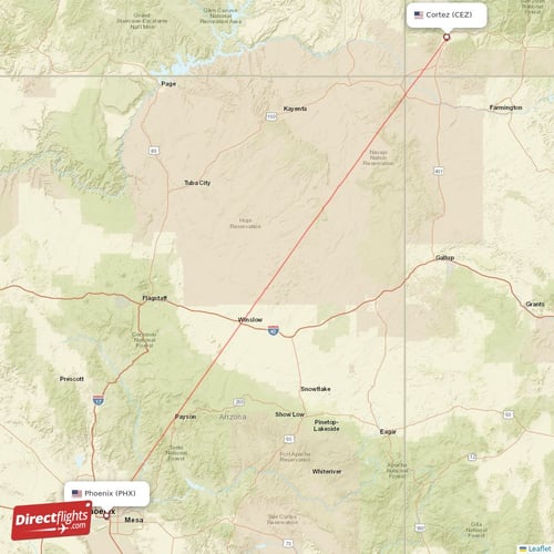 Cortez - Phoenix direct flight map