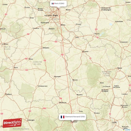 Clermont-Ferrand - Paris direct flight map