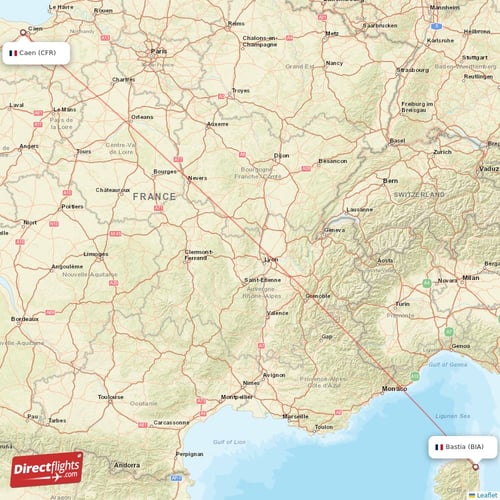 Caen - Bastia direct flight map