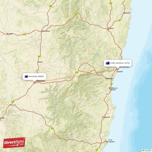 Coffs Harbour - Armidale direct flight map