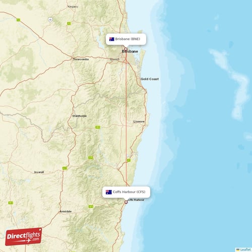 Coffs Harbour - Brisbane direct flight map
