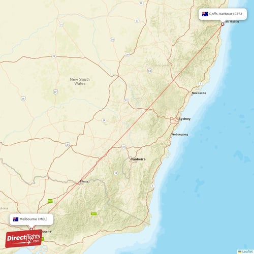 Coffs Harbour - Melbourne direct flight map