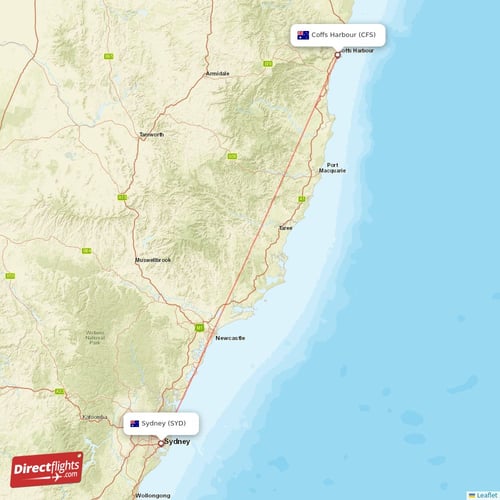 Coffs Harbour - Sydney direct flight map