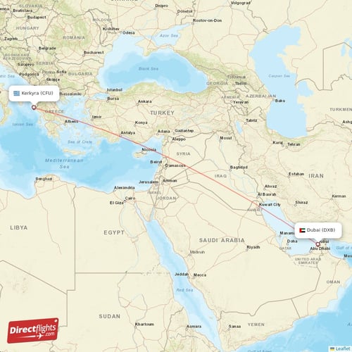 Kerkyra - Dubai direct flight map