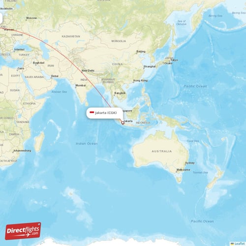 Jakarta - Amsterdam direct flight map