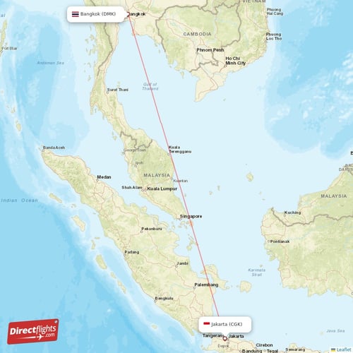 Jakarta - Bangkok direct flight map