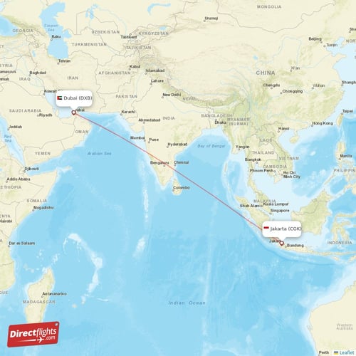 Jakarta - Dubai direct flight map
