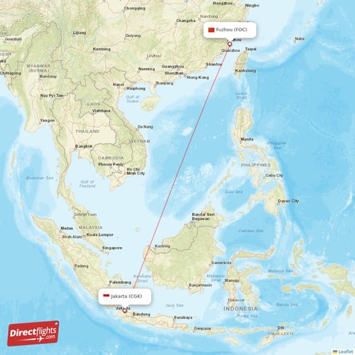 Jakarta - Fuzhou direct flight map