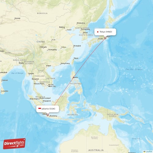 Jakarta - Tokyo direct flight map
