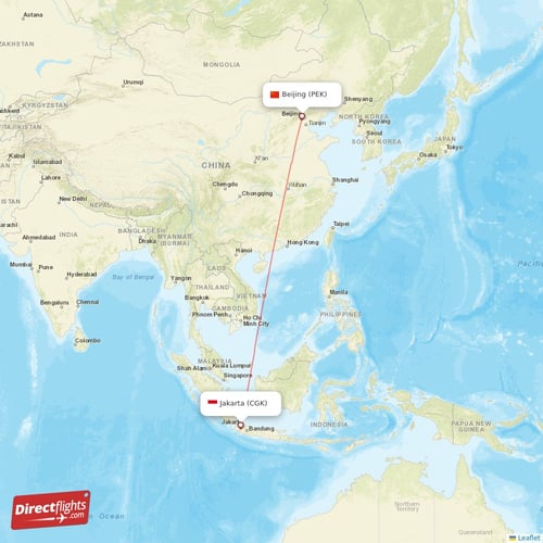 Jakarta - Beijing direct flight map