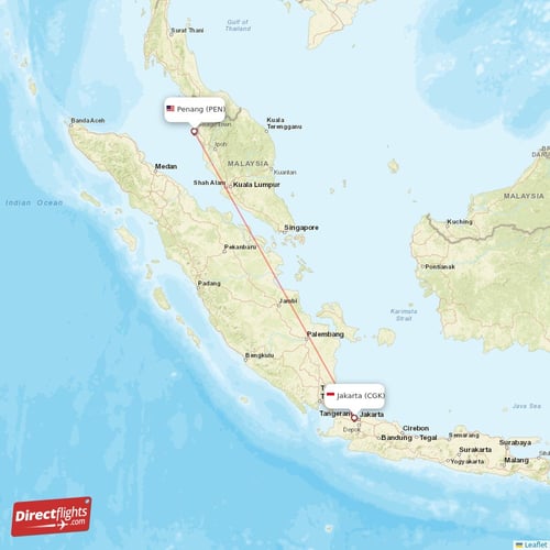 Jakarta - Penang direct flight map