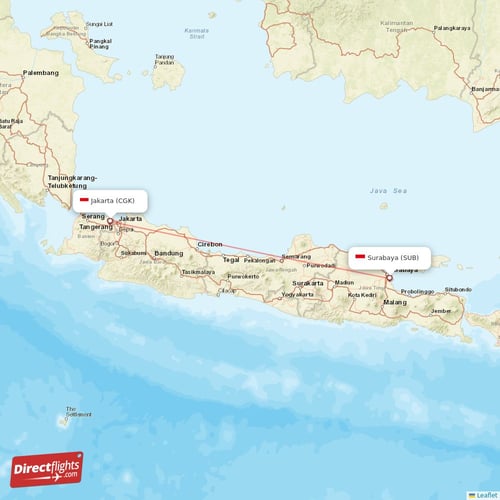 Jakarta - Surabaya direct flight map