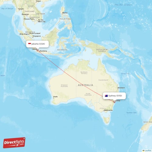 Jakarta - Sydney direct flight map