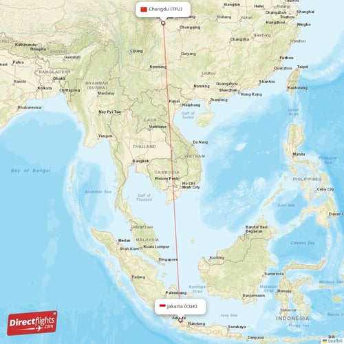 Jakarta - Chengdu direct flight map
