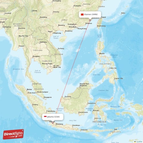Jakarta - Xiamen direct flight map