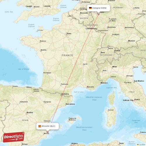 Cologne - Alicante direct flight map