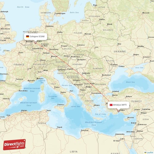 Cologne - Antalya direct flight map