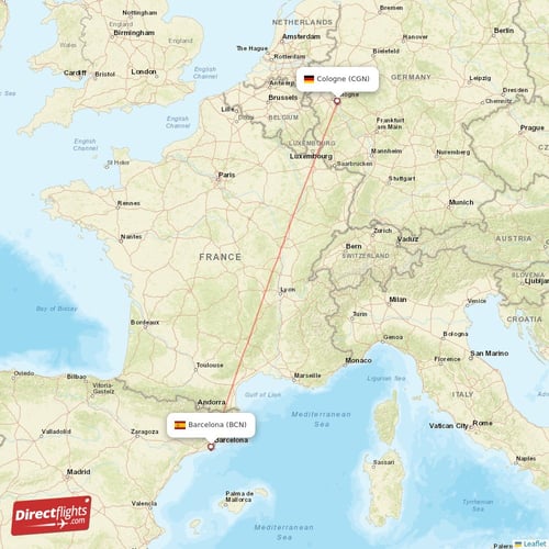 Cologne - Barcelona direct flight map