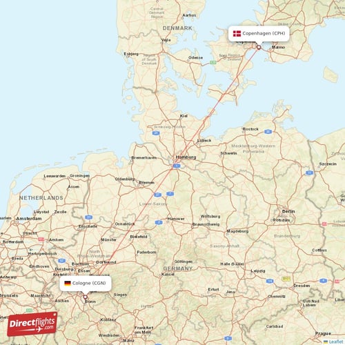 Cologne - Copenhagen direct flight map