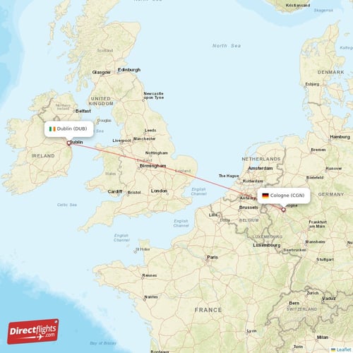 Cologne - Dublin direct flight map