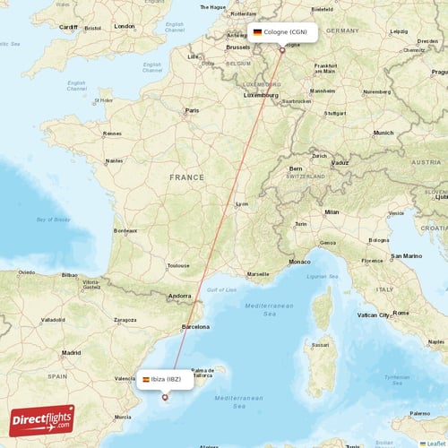 Cologne - Ibiza direct flight map
